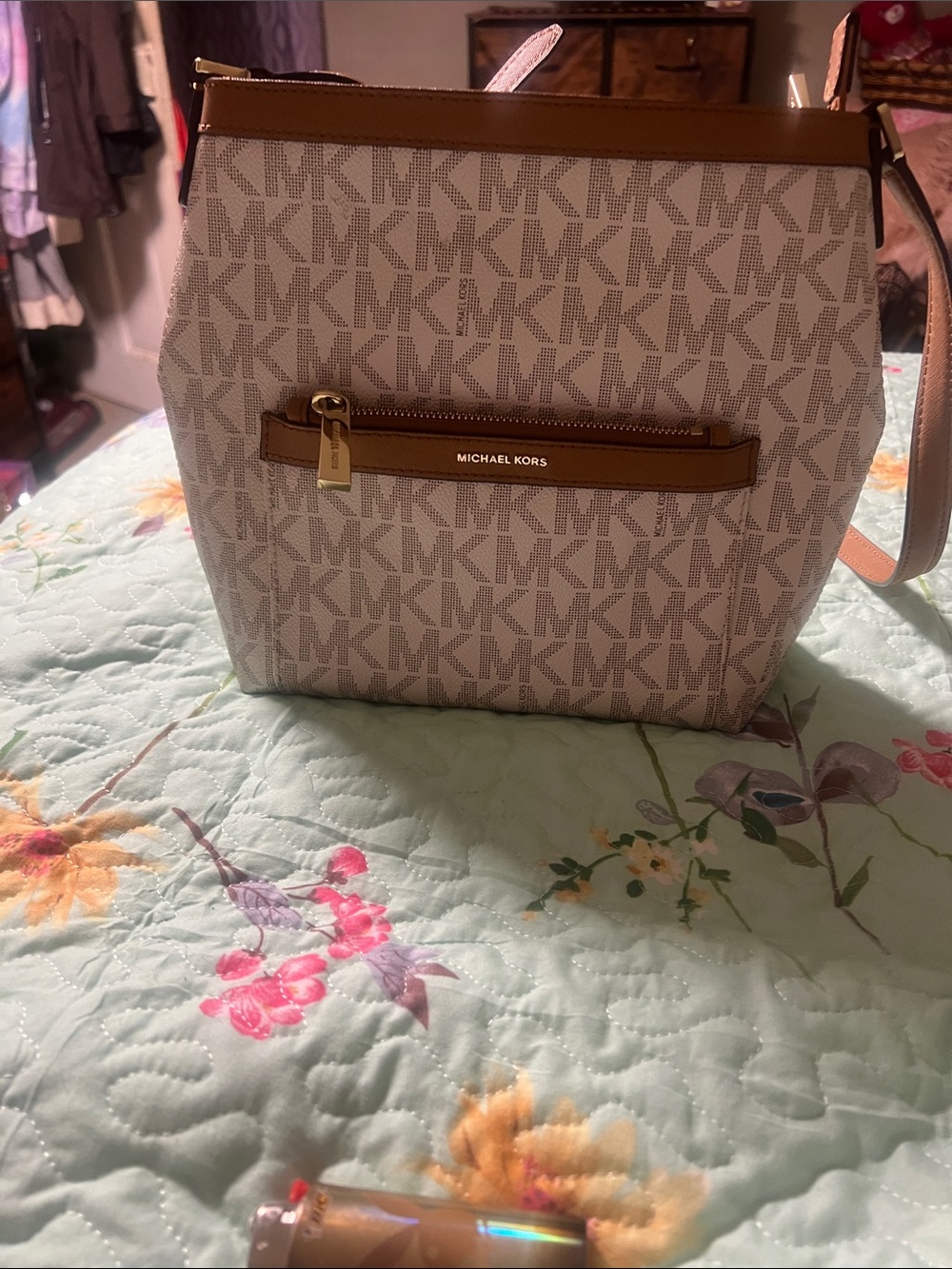Michael Kors Beige/Light Brown MK Monogram Crossbody Bag